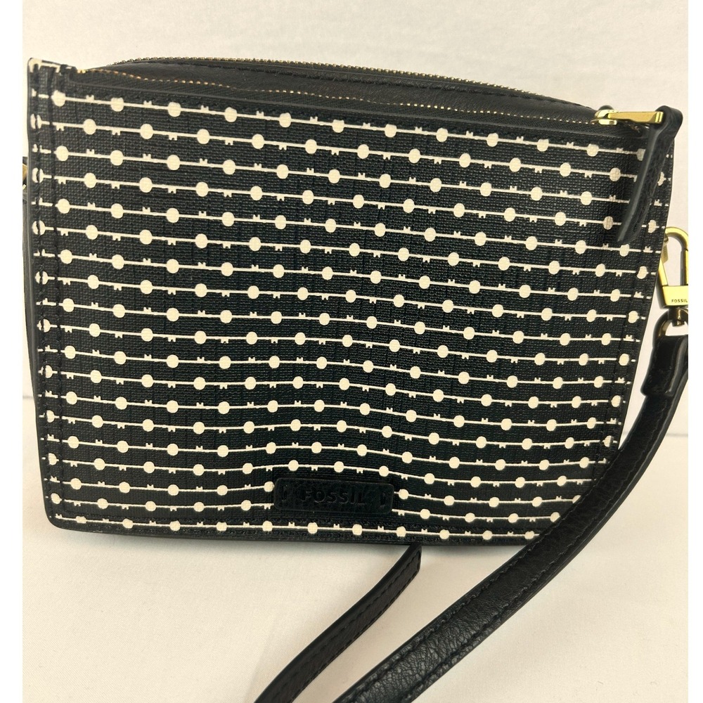 Fossil Black White Key Print Triple Zip Crossbody Bag Brass‎ Hardware